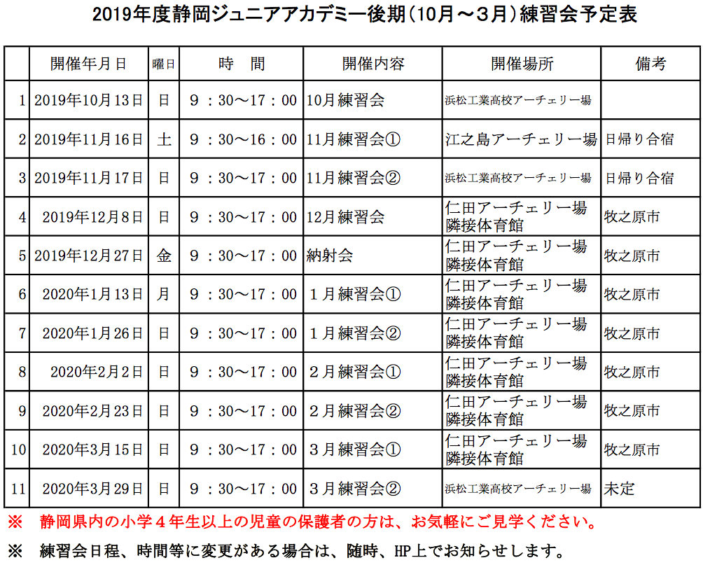 2019静岡ジュニアアカデミー練習会後期日程